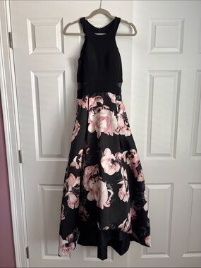 Black and Pink Floral High-Low Prom Dress
